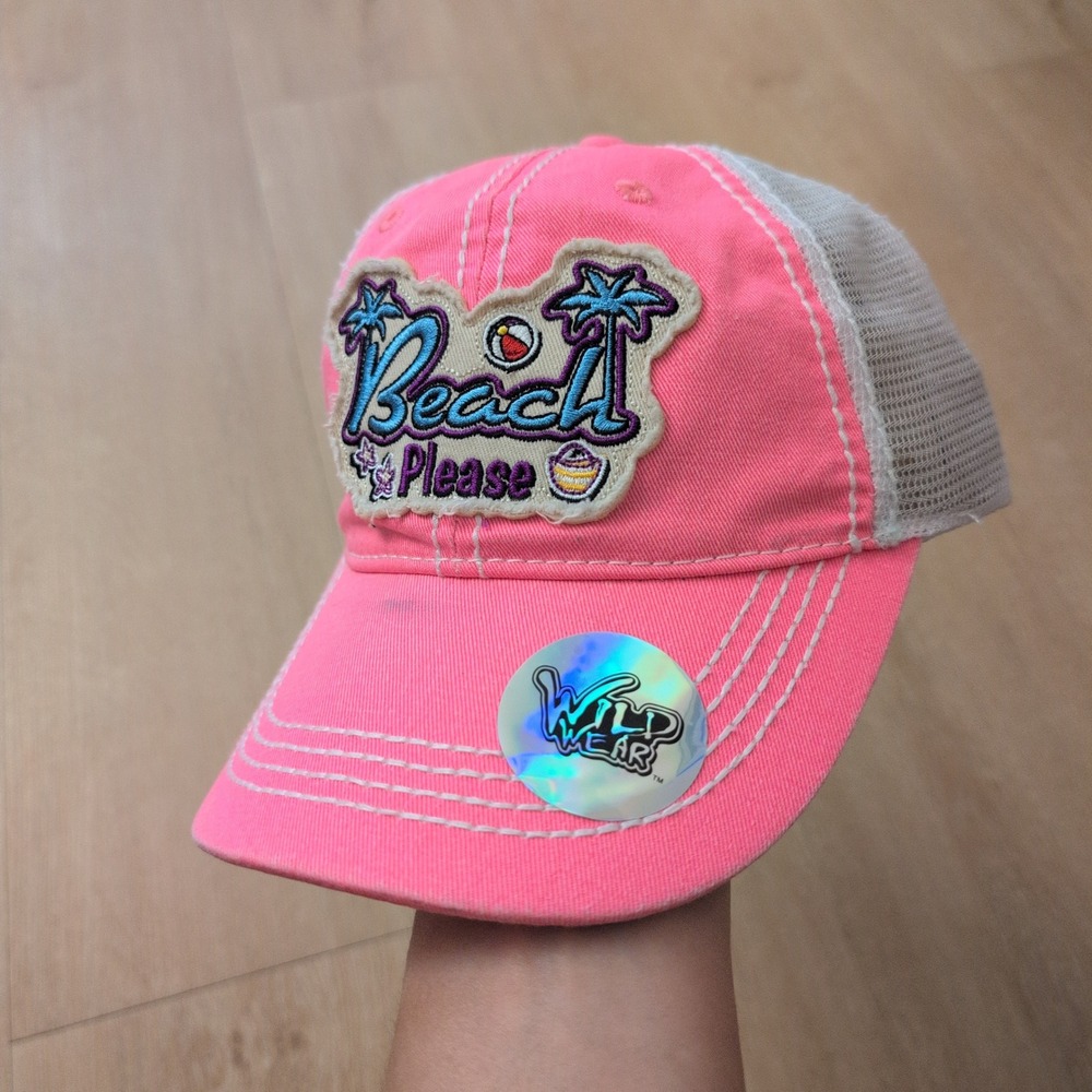 Y2K Wild Wear Neon Pink Beach Please Trucker Hat Mesh Snapback Cap 044-44617